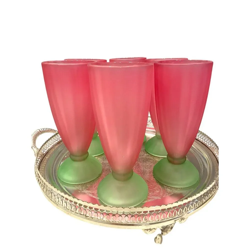 Vintage Libbey Ka-Dinks Parfait Glasses frosted pink bowl and green foot Set of